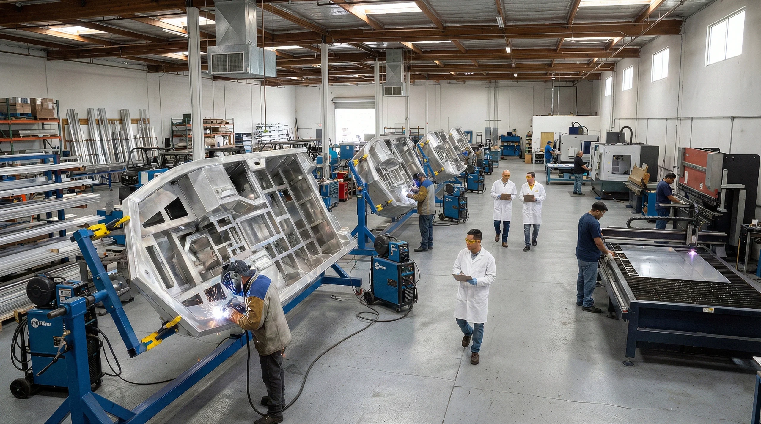 Workers in a manufacturing facility welding metal boat hulls while supervisors in lab coats observe