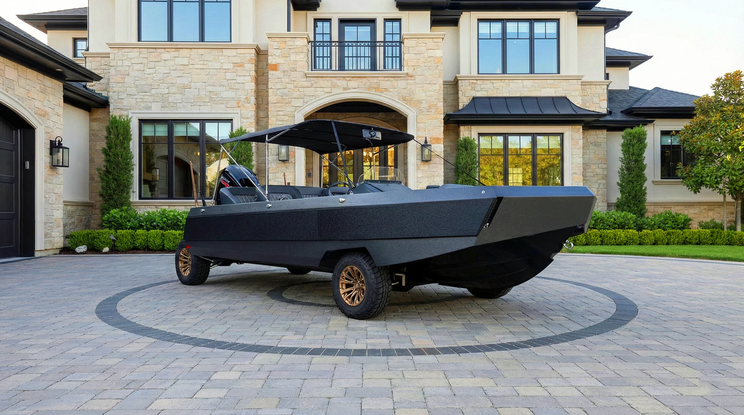 Matte black amphibious boat with bronze wheels parked in front of a luxury stone mansion