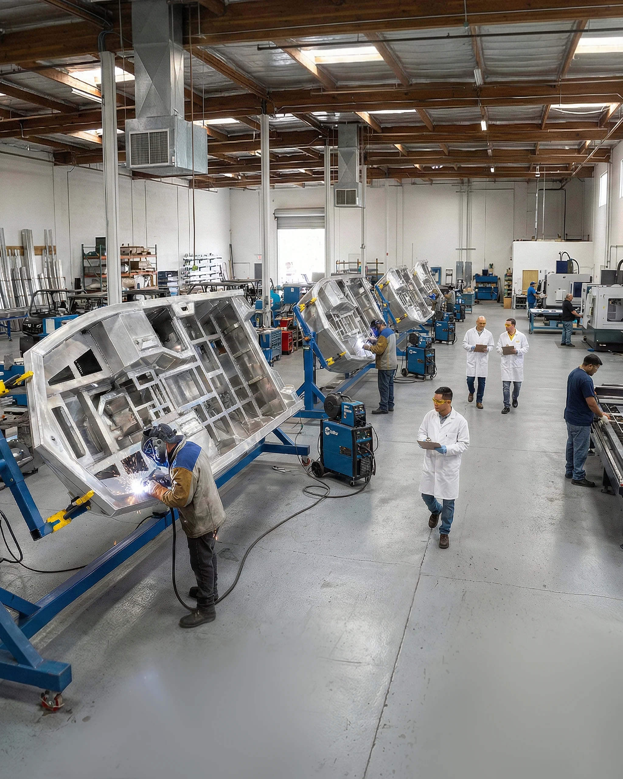 a picture from a manufacturing unit showing multiple workers working on different steel boats