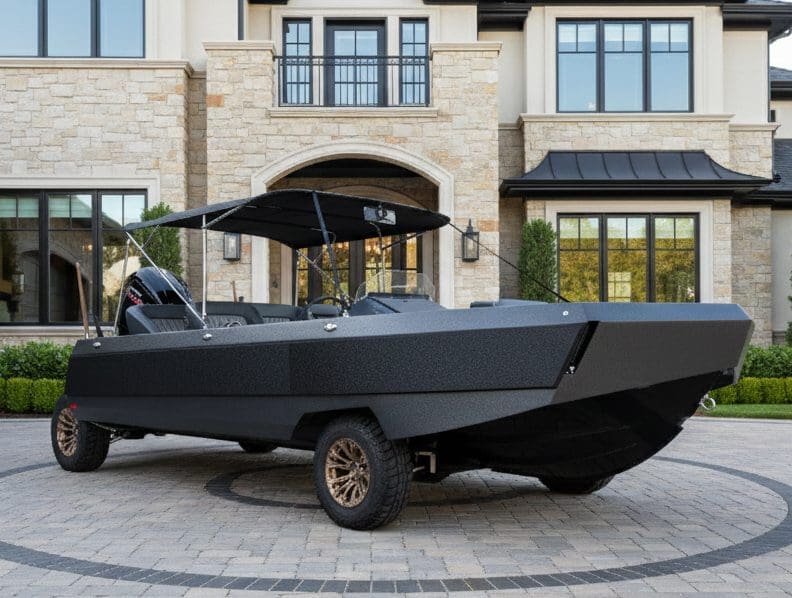 side view of a matte black amphibious vehicle