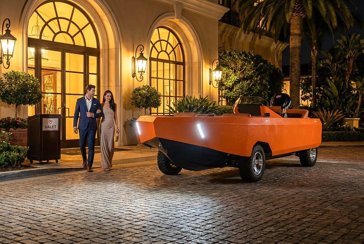 A couple in partywear walking towards a Orange Water car parked near a house at evening