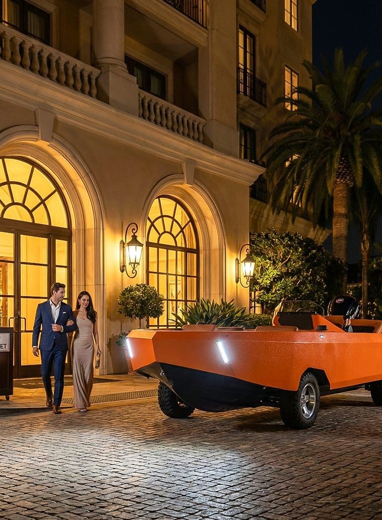 A couple in partywear walking towards a Orange Water Boat parked near a house at evening