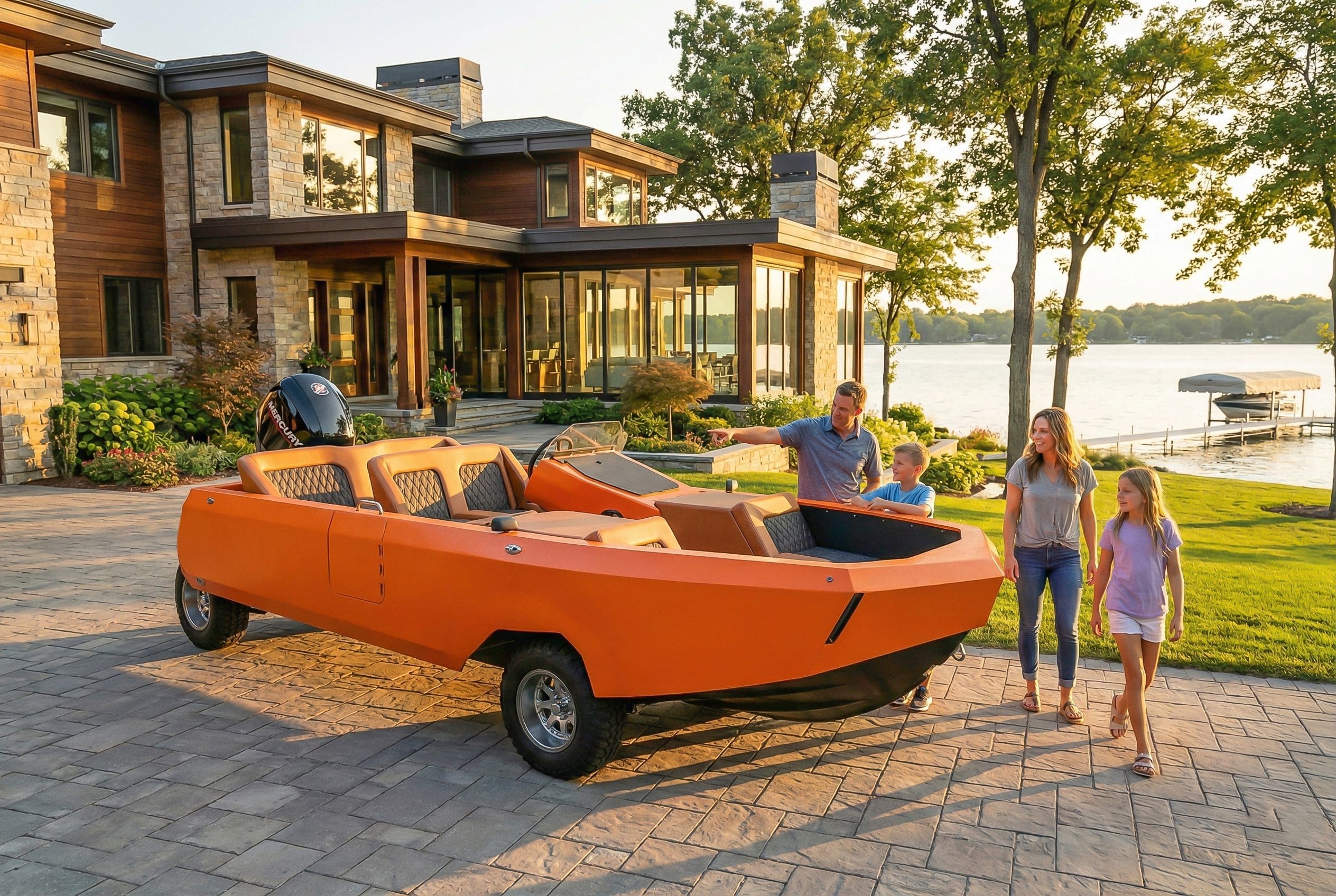 a orange WaterCar EV parked at a Lakehouse