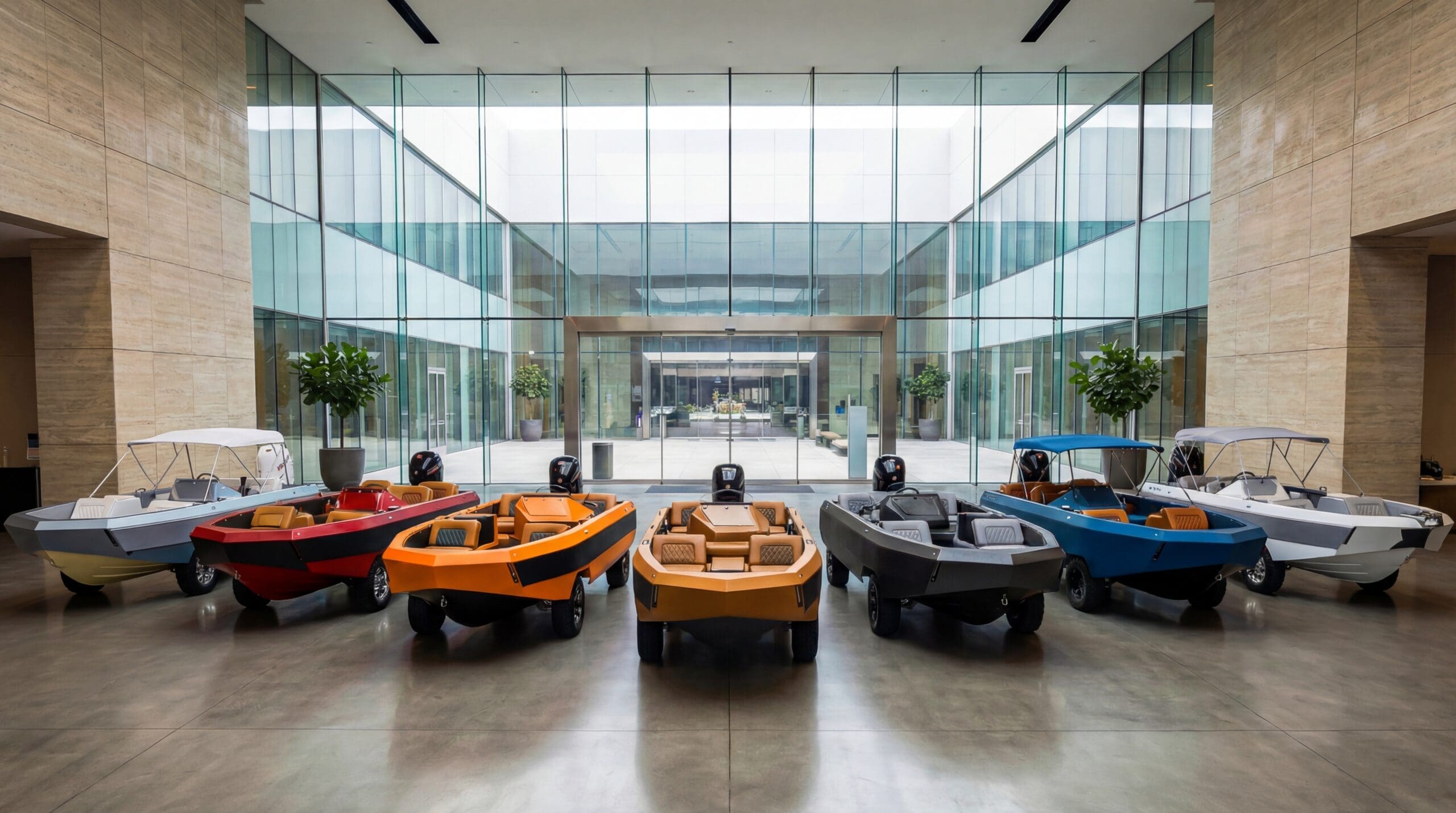 a large showroom displaying multiple Amphibious Vehicles in different colors & features