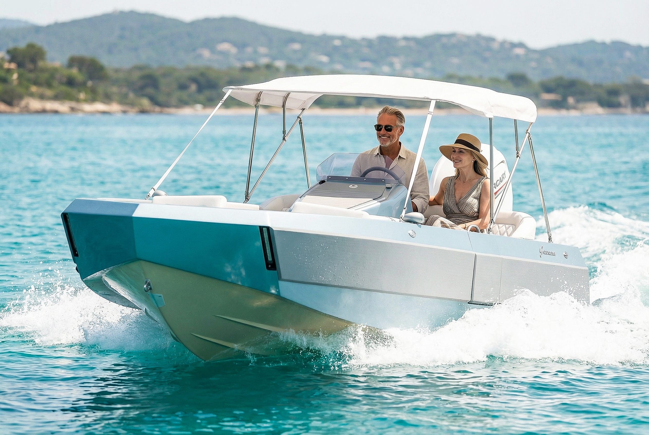 Couple cruising on a modern blue motorboat in coastal waters