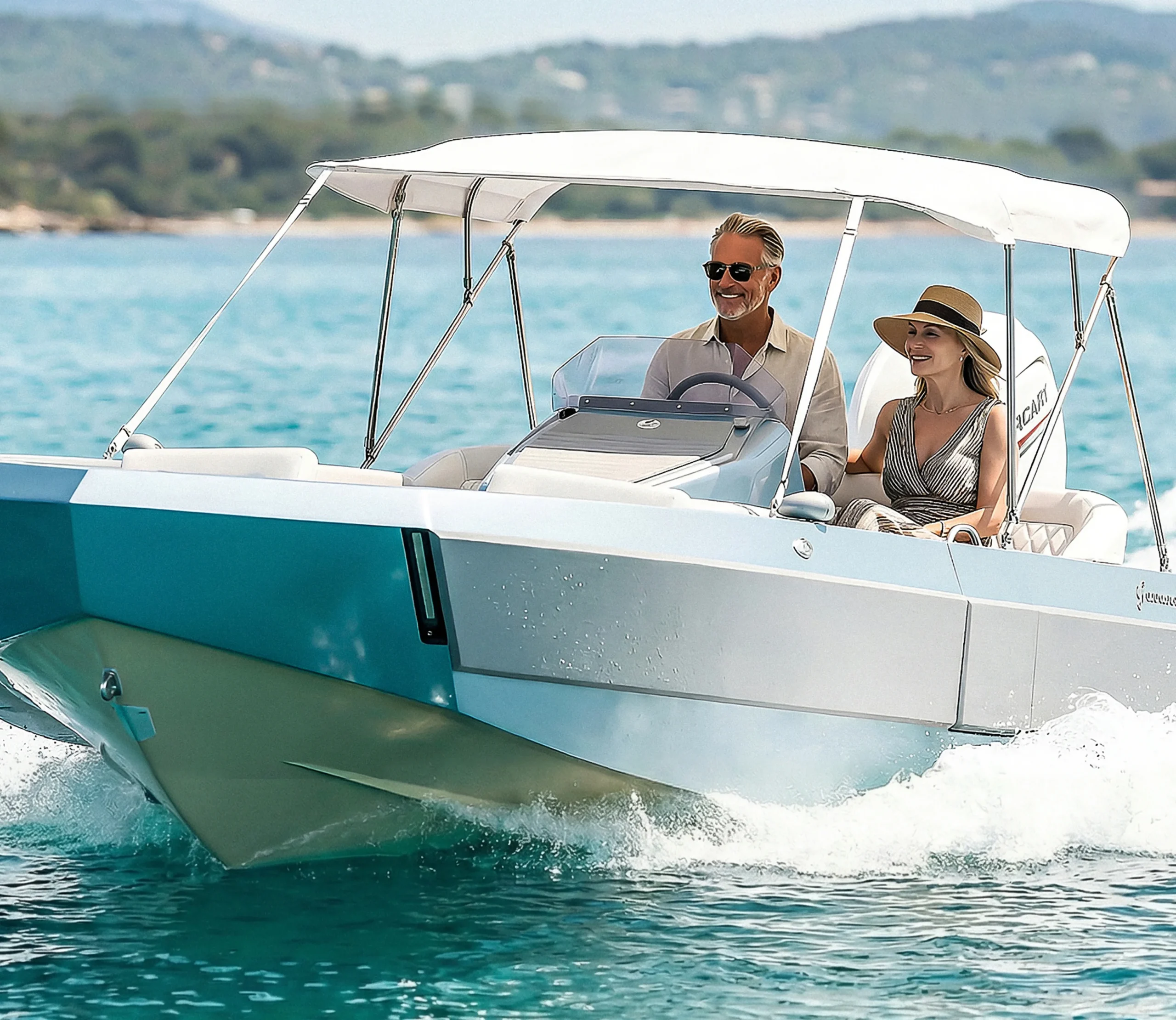 image of a couple enjoying pacific blue boat car inside water