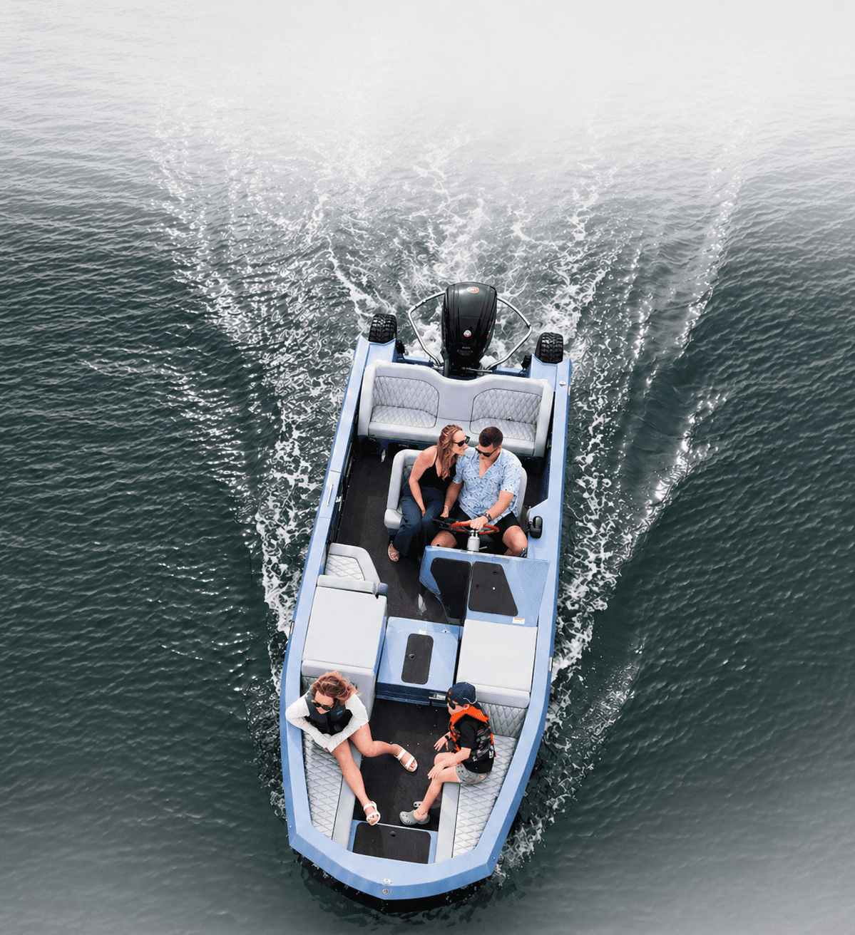 Amphibious watercar with top views showing all controls and space