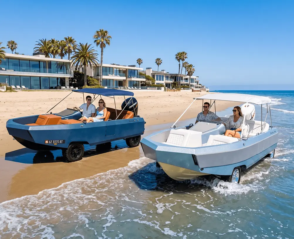 one watercar amphibious vehicle on land and another on water